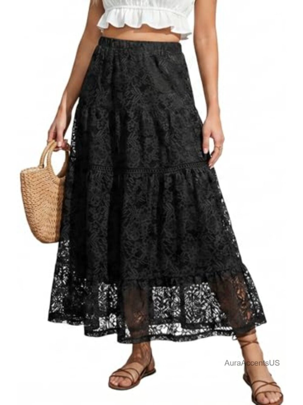 Women Tiered Lace Eyelet Ruffle A-Line Midi Skirt Flowy Casual